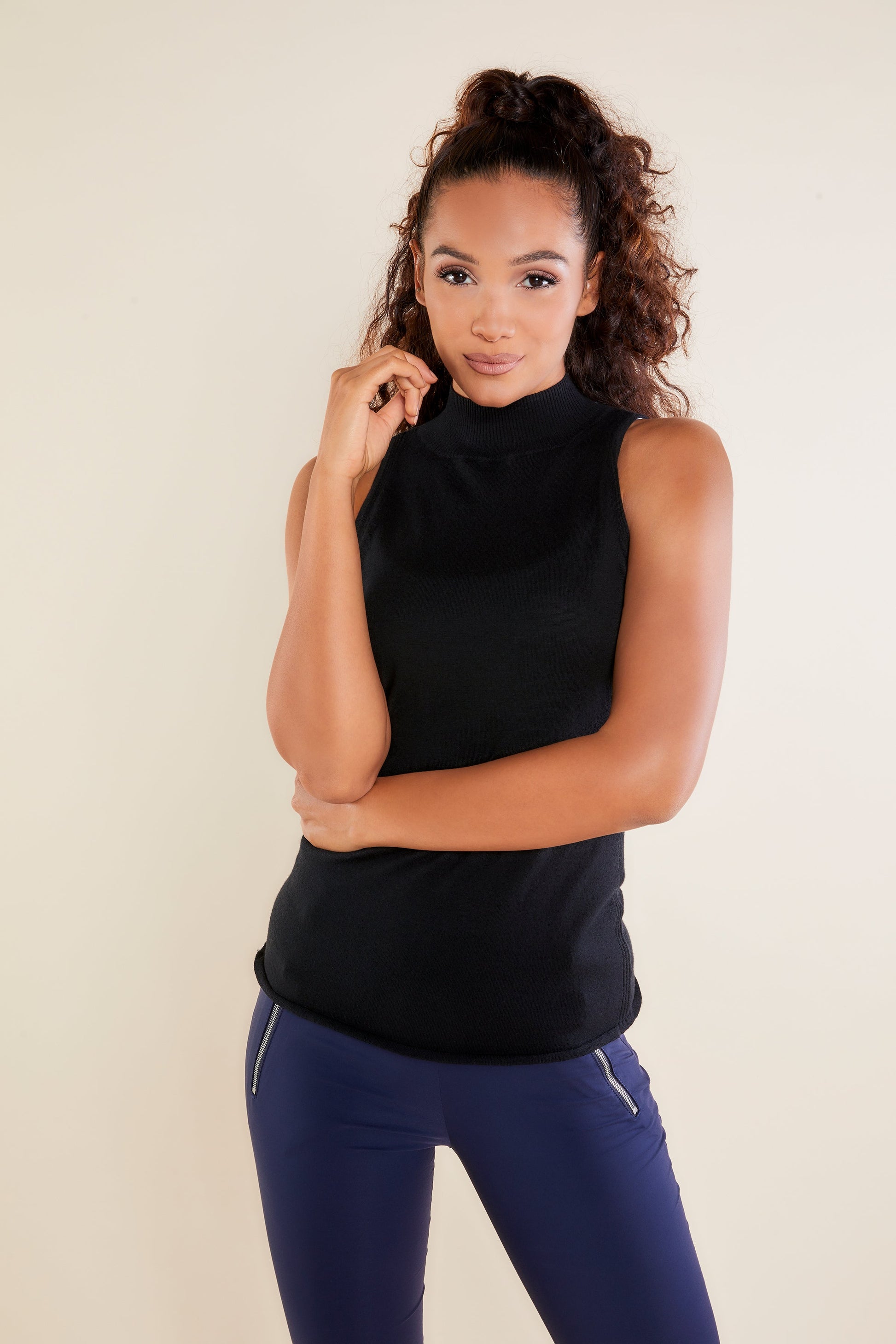 Black || Raleigh Silk Cashmere Mock Neck Sleeveless Top