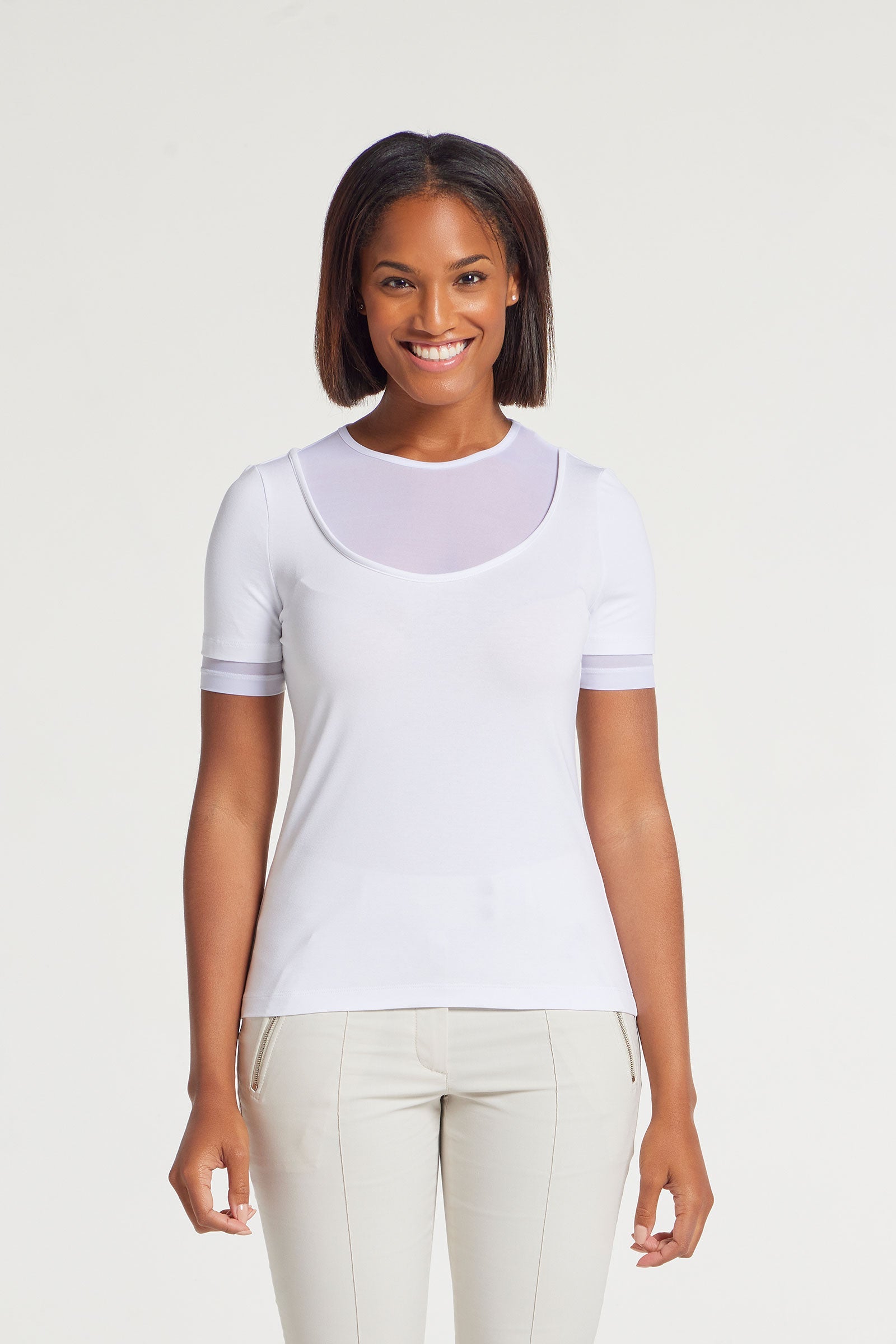 White|| Amabella Short Sleeve Top With Mesh