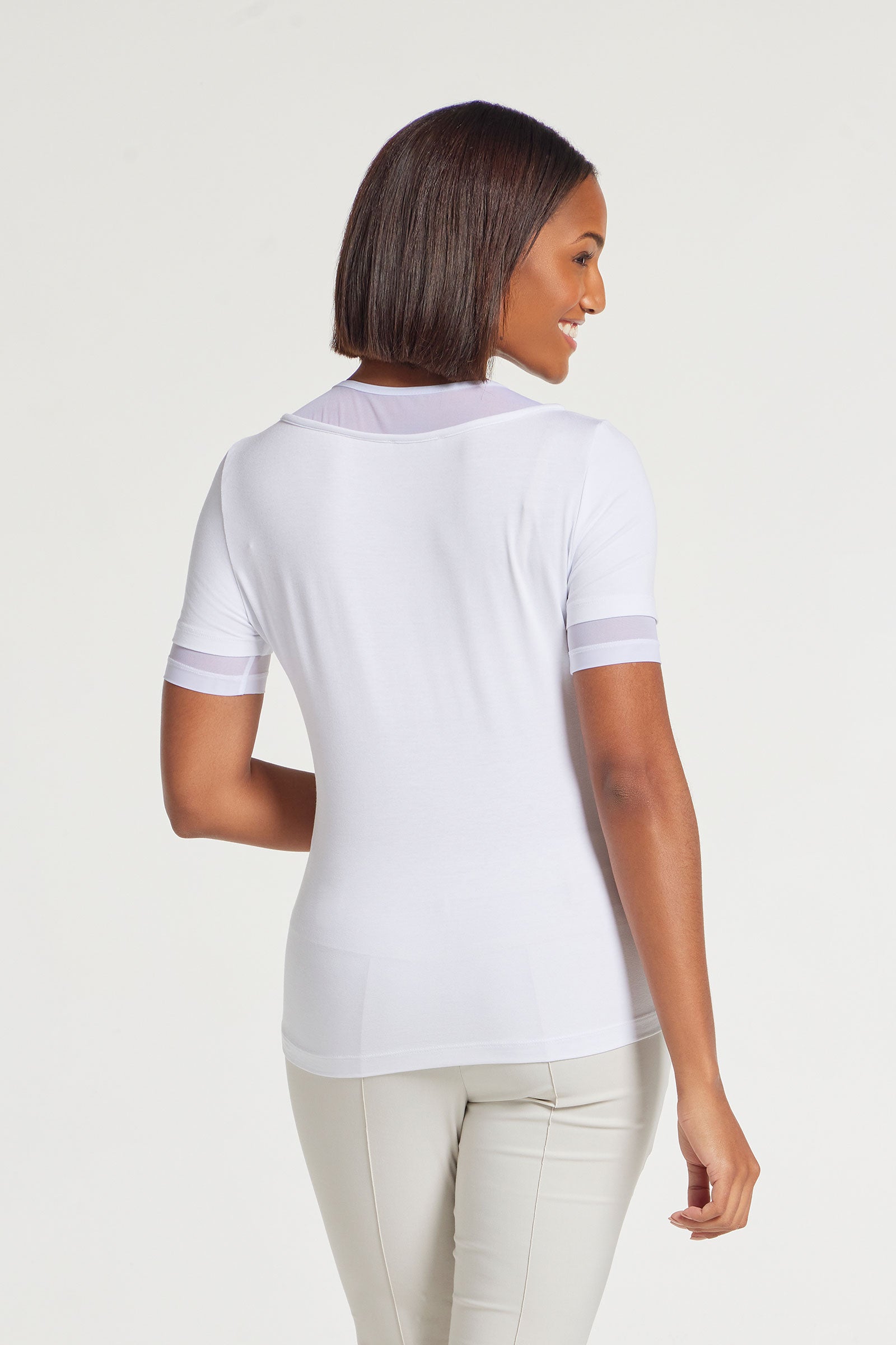 White|| Amabella Short Sleeve Top With Mesh