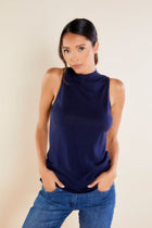 Navy || Raleigh Silk Cashmere Mock Neck Sleeveless Top