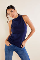 Navy || Raleigh Silk Cashmere Mock Neck Sleeveless Top
